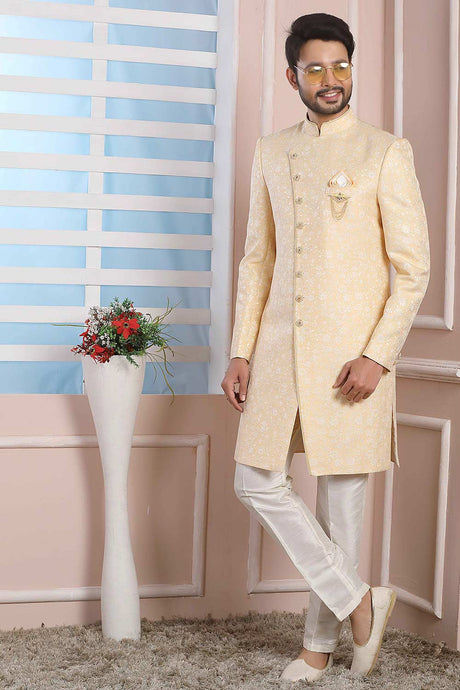Buy Fawn Brown Jacquard Pattern Pc Indo-Western Sherwani Set Set Online - Karmaplace