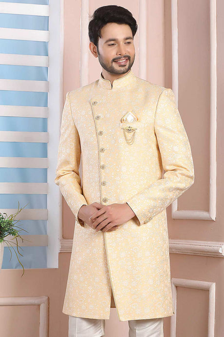 Buy Fawn Brown Jacquard Pattern Pc Indo-Western Sherwani Set Set Online - Karmaplace