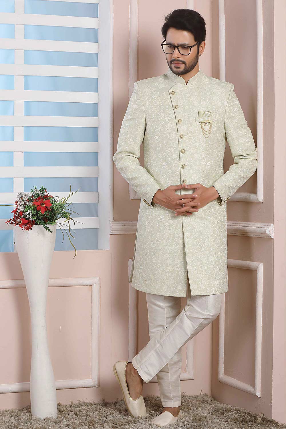 Buy Green Jacquard Pattern Pc Indo-Western Sherwani Set Set Online - Karmaplace