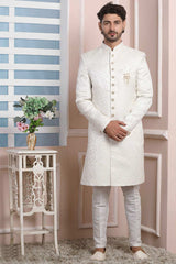Buy White Jacquard Pattern Pc Indo-Western Sherwani Set Set Online - Karmaplace