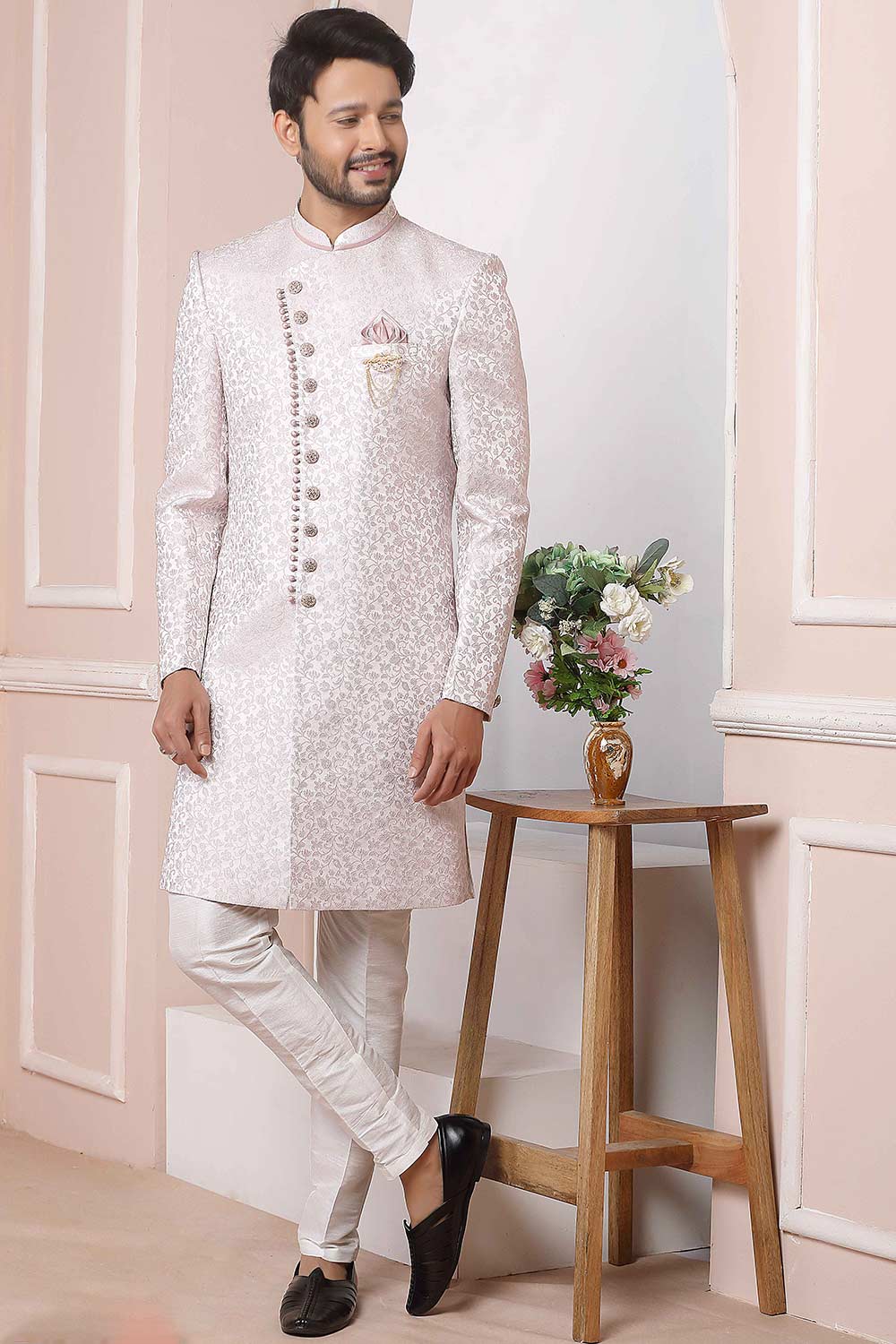 Buy Pink Jacquard Pattern Pc Indo-Western Sherwani Set Set Online - Karmaplace