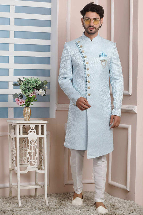 Buy Blue Jacquard Pattern Pc Indo-Western Sherwani Set Set Online - Karmaplace