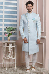 Buy Blue Jacquard Pattern Pc Indo-Western Sherwani Set Set Online - Karmaplace