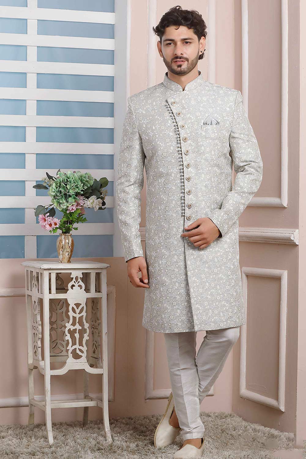 Buy Grey Jacquard Pattern Pc Indo-Western Sherwani Set Set Online - Karmaplace