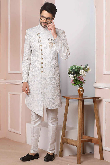 Buy White Jacquard Pattern Pc Indo-Western Sherwani Set Set Online - Karmaplace