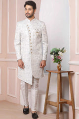 Buy White Jacquard Pattern Pc Indo-Western Sherwani Set Set Online - Karmaplace