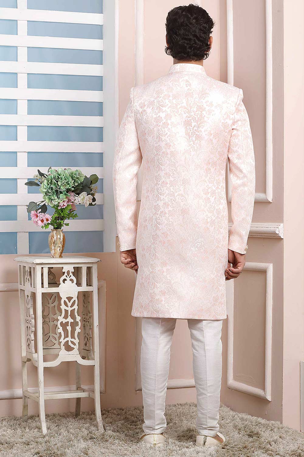 Buy Pink Jacquard Pattern Pc Indo-Western Sherwani Set Set Online - Karmaplace