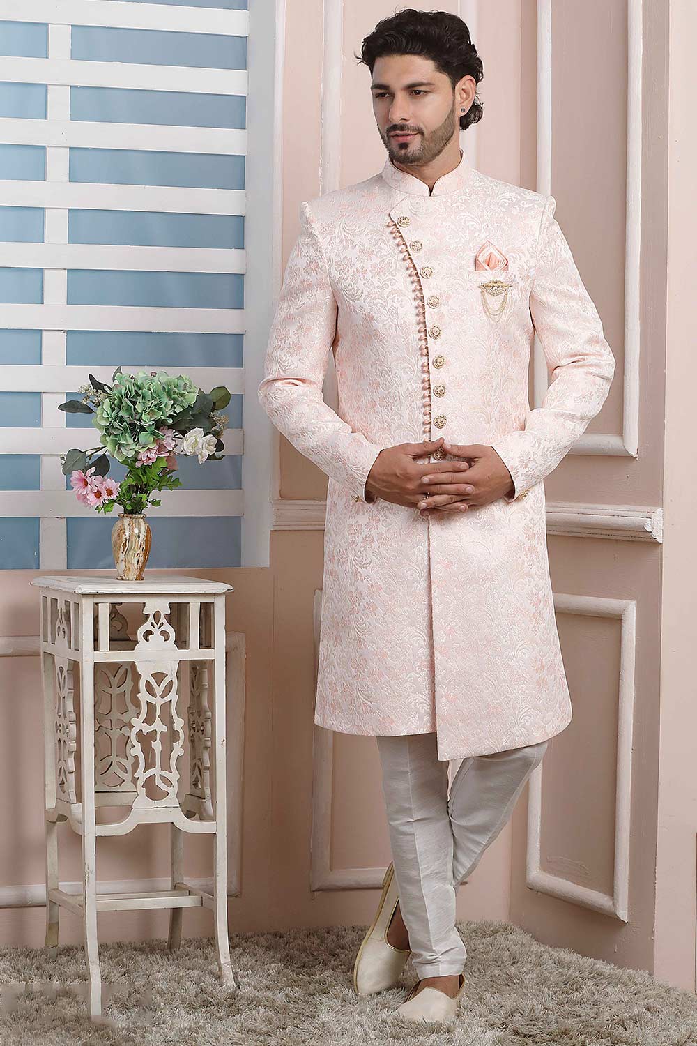 Buy Pink Jacquard Pattern Pc Indo-Western Sherwani Set Set Online - Karmaplace