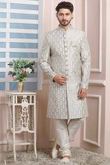 Buy Grey Jacquard Pattern Pc Indo-Western Sherwani Set Set Online - Karmaplace