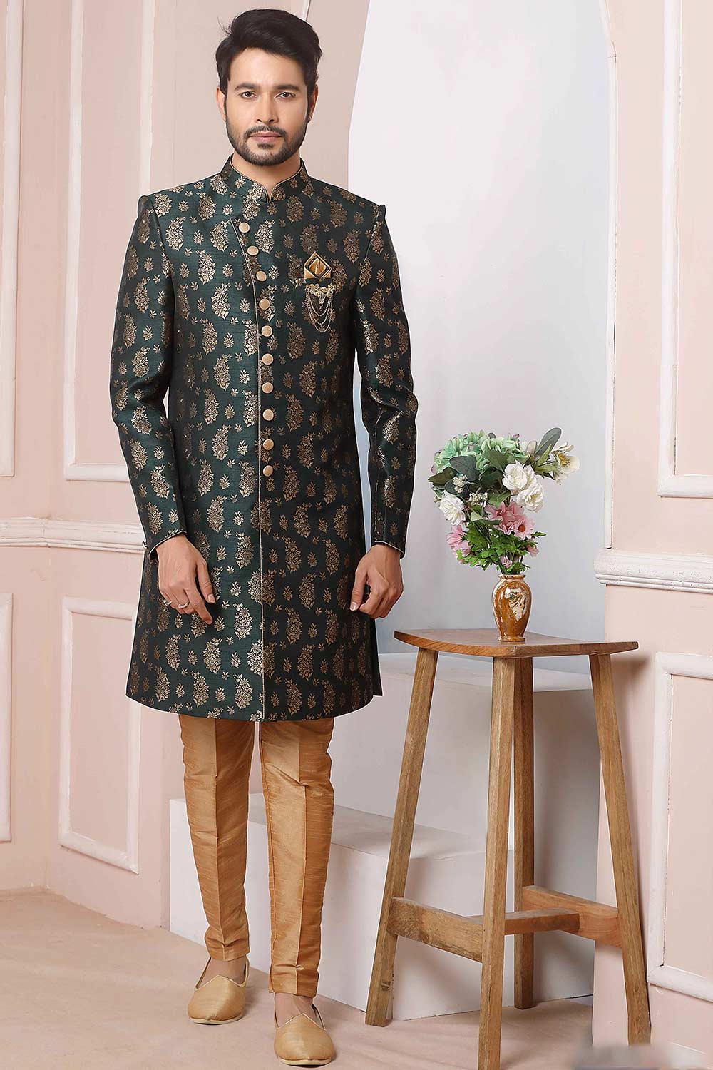 Buy Green Jacquard Pattern Pc Indo-Western Sherwani Set Set Online - Karmaplace