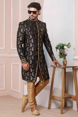 Buy Black Jacquard Pattern Pc Indo-Western Sherwani Set Set Online - Karmaplace