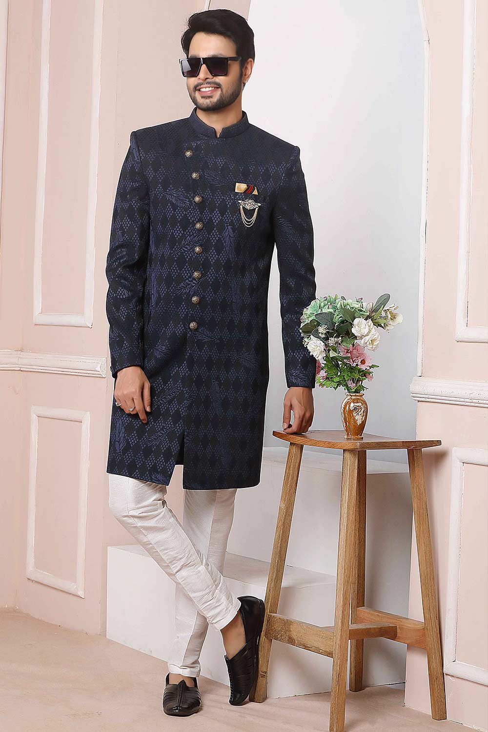 Buy Blue Jacquard Pattern Pc Indo-Western Sherwani Set Set Online - Karmaplace