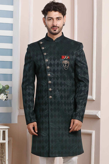 Buy Dark Green Valvet Jaquard Silk Pattern Pc Indo-Western Sherwani Set Set Online - Karmaplace