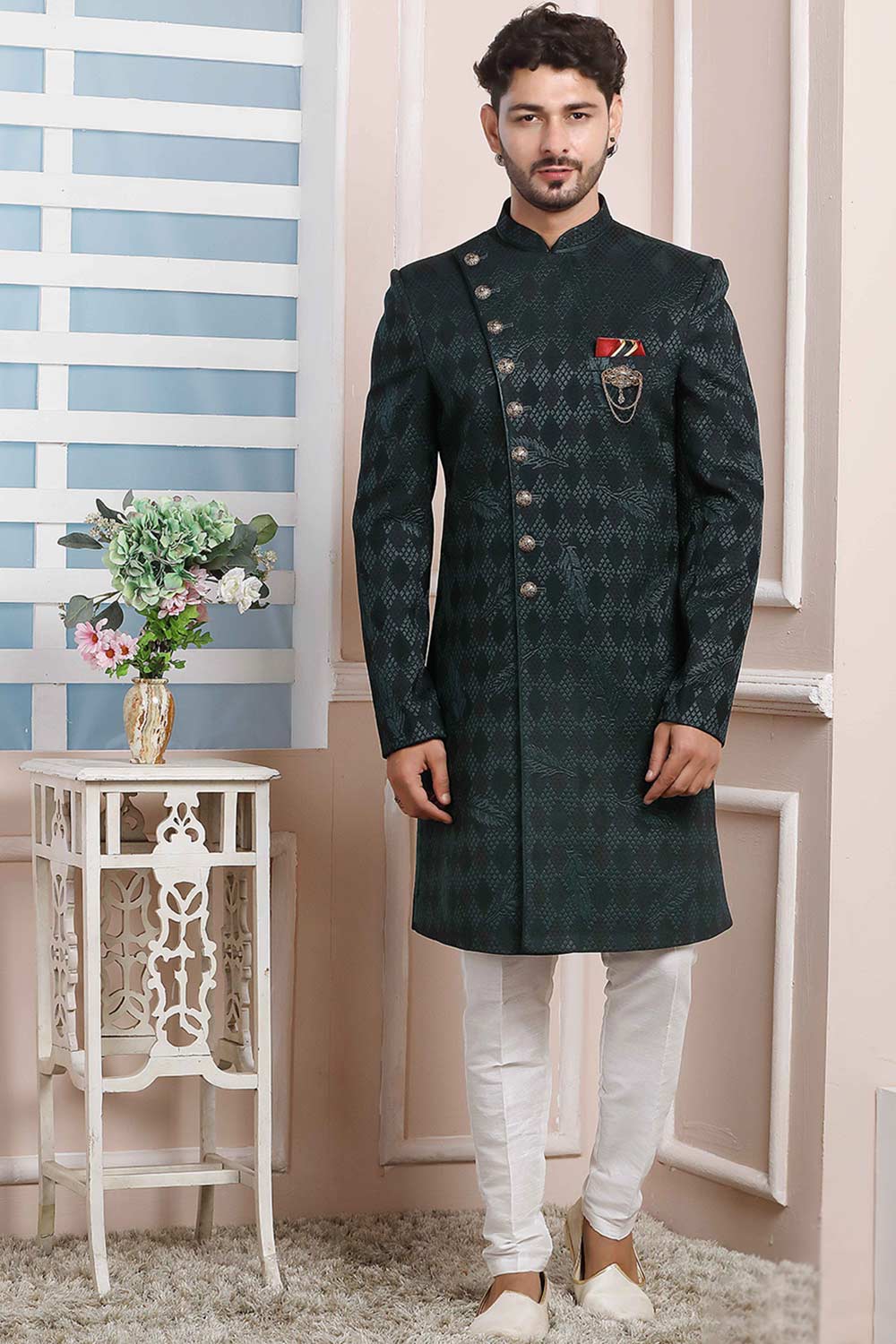 Buy Dark Green Valvet Jaquard Silk Pattern Pc Indo-Western Sherwani Set Set Online - Karmaplace