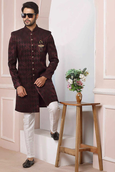 Buy Maroon Valvet Jaquard Silk Pattern Pc Indo-Western Sherwani Set Set Online - Karmaplace