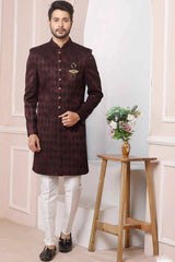 Buy Maroon Valvet Jaquard Silk Pattern Pc Indo-Western Sherwani Set Set Online - Karmaplace