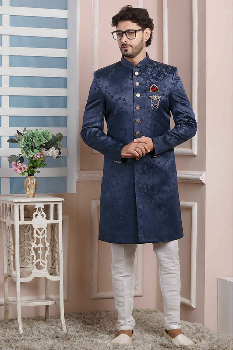 Buy Blue Imported Jaquard Silk Pattern Pc Indo-Western Sherwani Set Set Online - Karmaplace