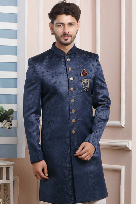 Buy Blue Imported Jaquard Silk Pattern Pc Indo-Western Sherwani Set Set Online - Karmaplace