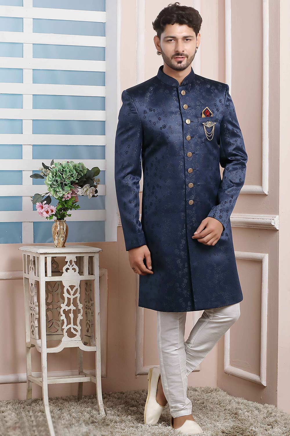 Buy Blue Imported Jaquard Silk Pattern Pc Indo-Western Sherwani Set Set Online - Karmaplace