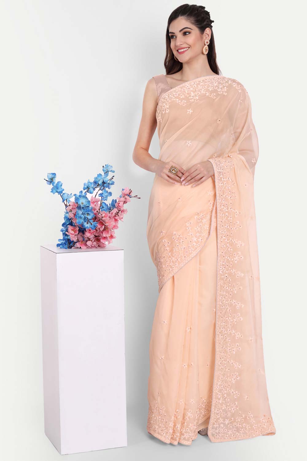 Peach Orgenza Self Thread Embroidered Saree