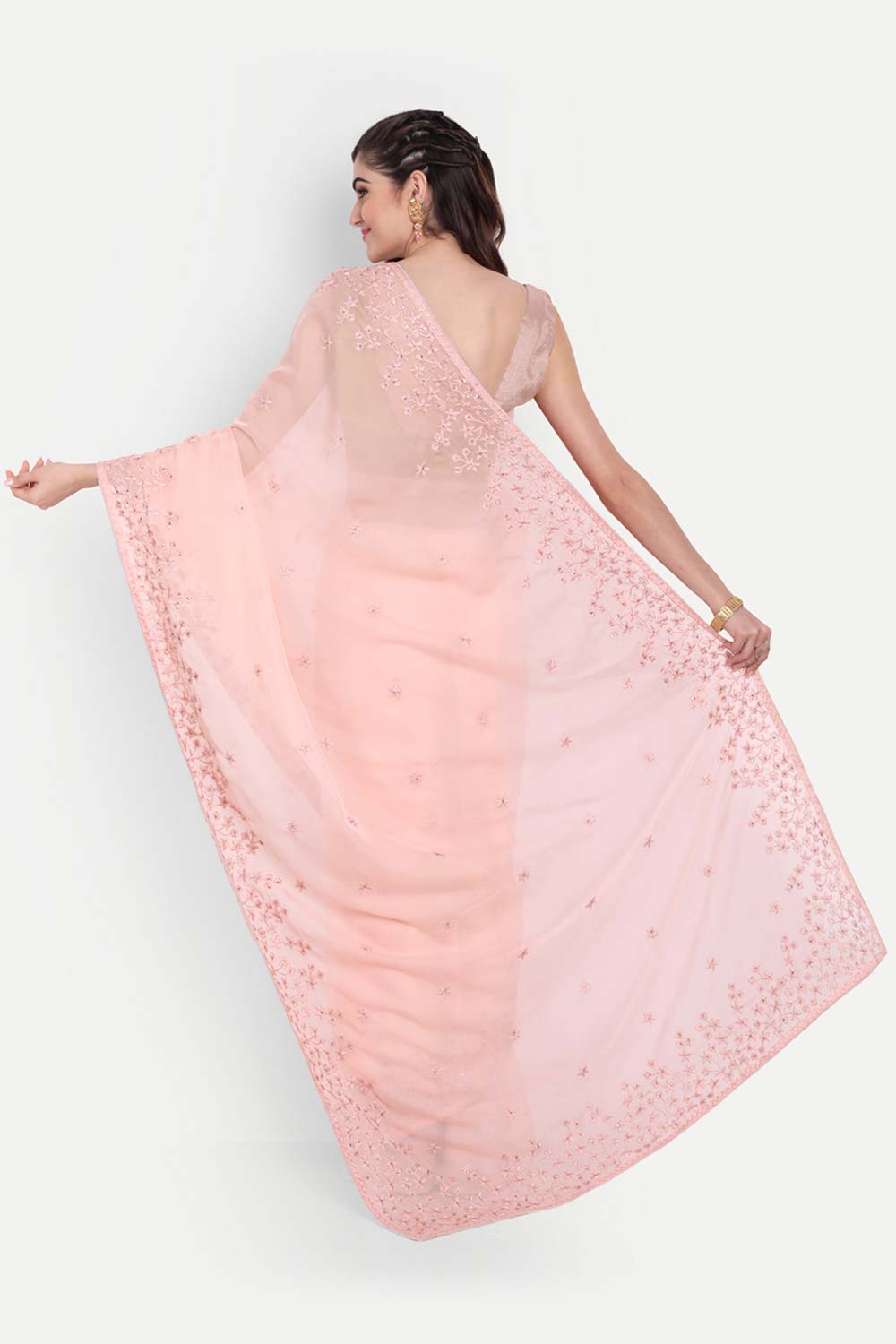 Pink Organza Self Thread Embroidered Saree