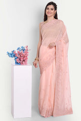 Pink Organza Self Thread Embroidered Saree