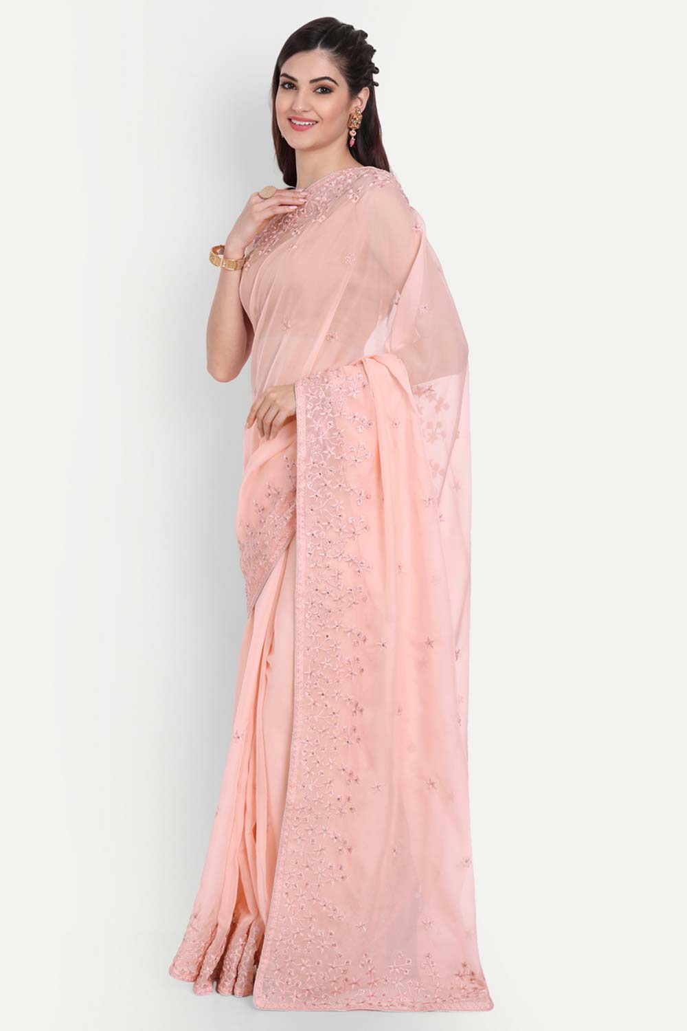 Pink Organza Self Thread Embroidered Saree