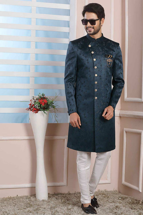 Buy Teal Green Imported Jaquard Silk Pattern Pc Indo-Western Sherwani Set Set Online - Karmaplace