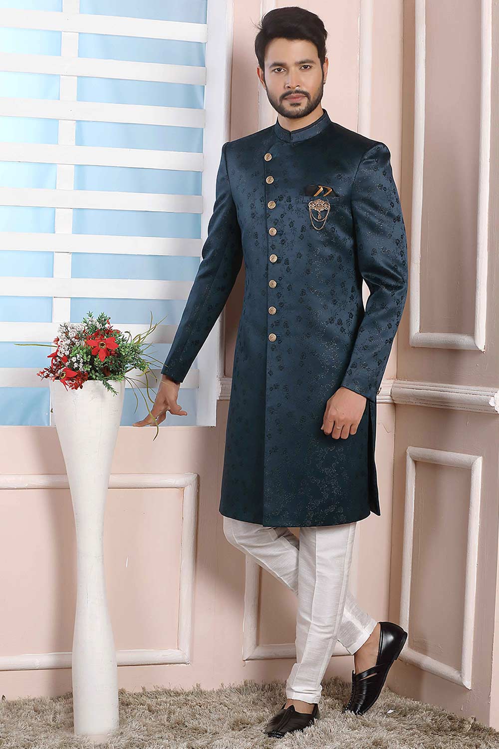 Buy Teal Green Imported Jaquard Silk Pattern Pc Indo-Western Sherwani Set Set Online - Karmaplace