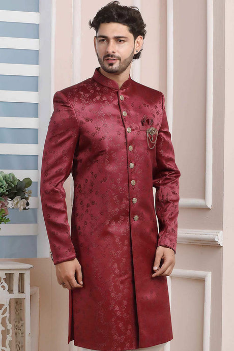 Buy Maroon Imported Jaquard Silk Pattern Pc Indo-Western Sherwani Set Set Online - Karmaplace