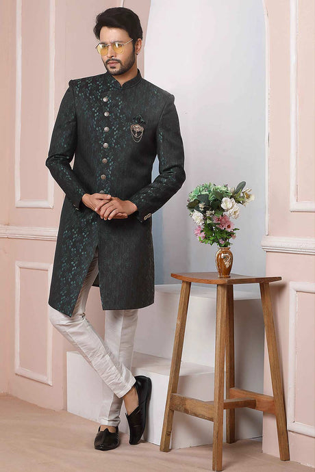 Buy Green Black Imported Jaquard Silk Pattern Pc Indo-Western Sherwani Set Set Online - Karmaplace