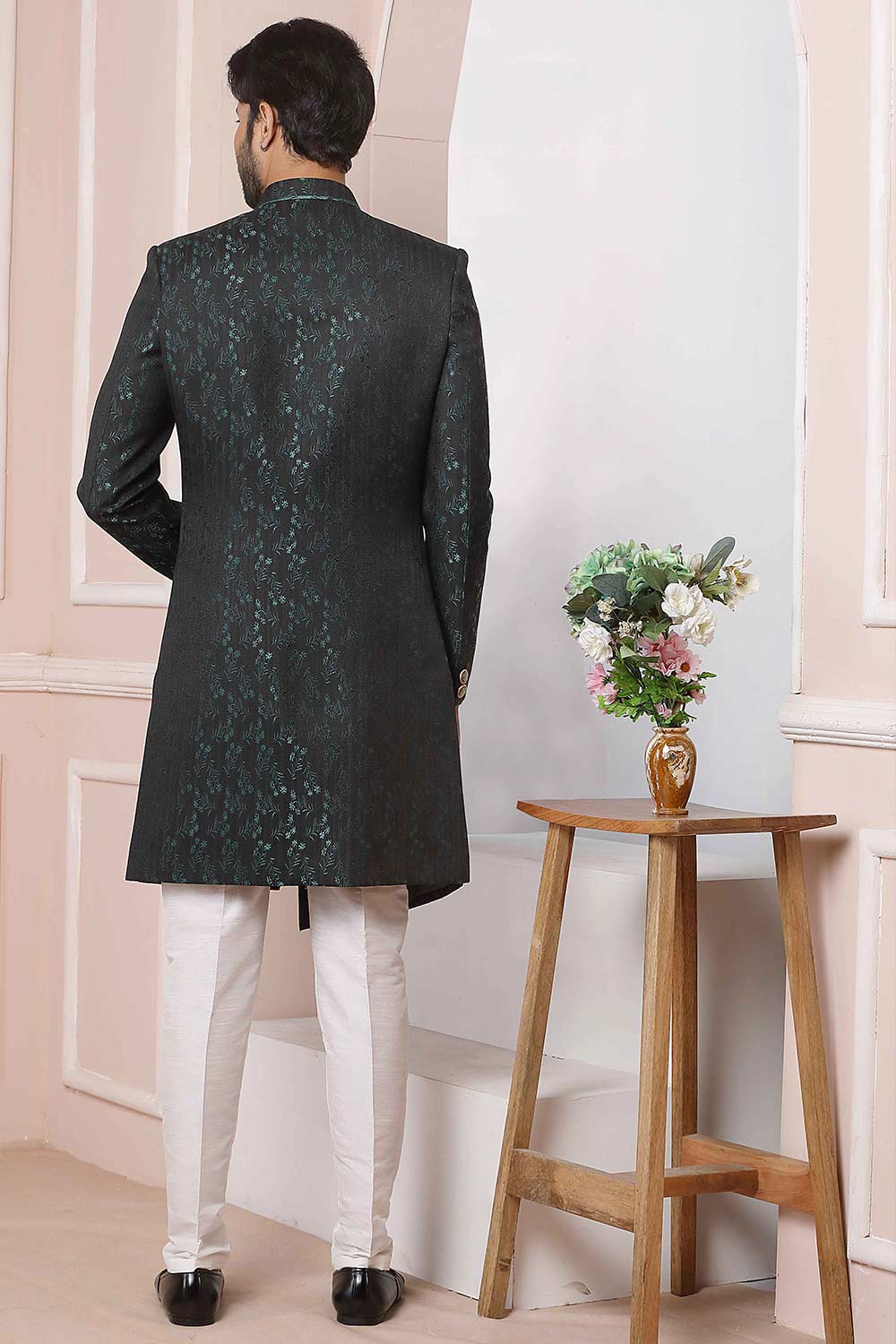 Buy Green Black Imported Jaquard Silk Pattern Pc Indo-Western Sherwani Set Set Online - Karmaplace