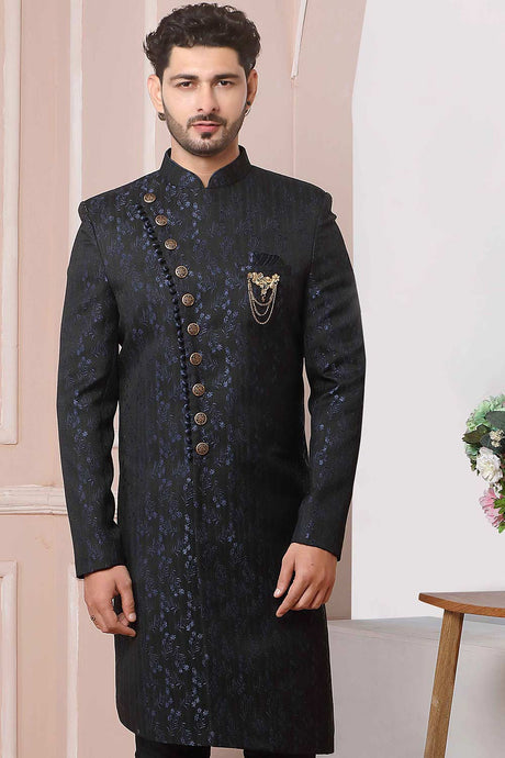 Buy Navy Blue Imported Jaquard Silk Pattern Pc Indo-Western Sherwani Set Set Online - Karmaplace