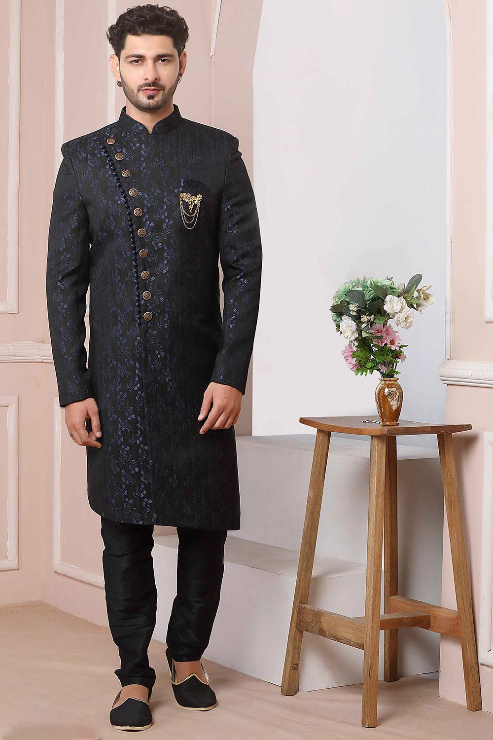 Buy Navy Blue Imported Jaquard Silk Pattern Pc Indo-Western Sherwani Set Set Online - Karmaplace