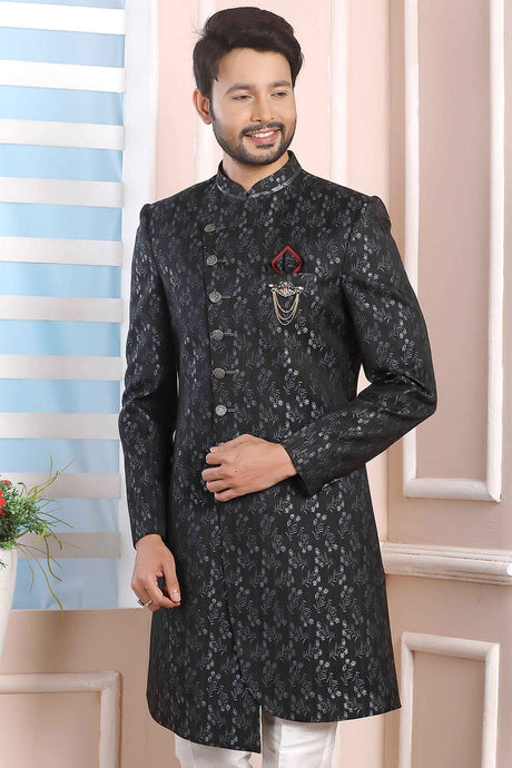 Buy Gray Black Imported Jaquard Silk Pattern Pc Indo-Western Sherwani Set Set Online - Karmaplace