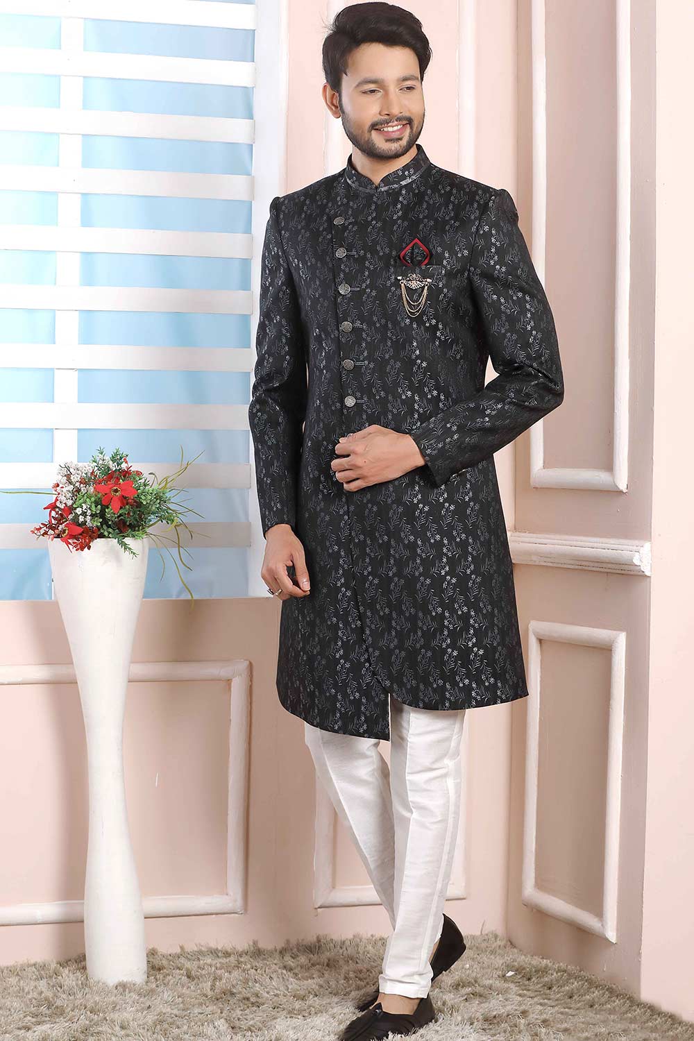 Buy Gray Black Imported Jaquard Silk Pattern Pc Indo-Western Sherwani Set Set Online - Karmaplace