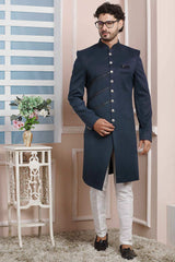 Buy Blue Imported Jaquard Silk Pattern Pc Indo-Western Sherwani Set Set Online - Karmaplace