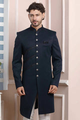 Buy Blue Imported Jaquard Silk Pattern Pc Indo-Western Sherwani Set Set Online - Karmaplace