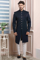 Buy Blue Imported Jaquard Silk Pattern Pc Indo-Western Sherwani Set Set Online - Karmaplace