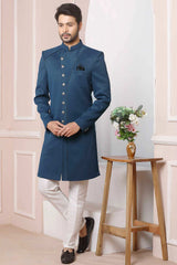 Buy Blue Imported Jaquard Silk Pattern Pc Indo-Western Sherwani Set Set Online - Karmaplace