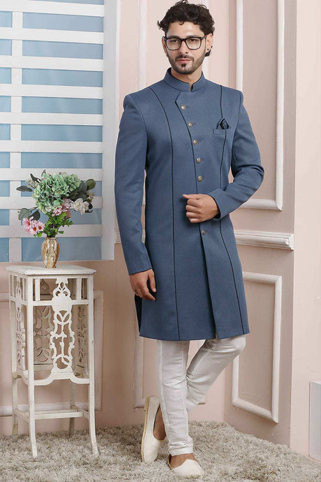 Buy Gray Imported Jaquard Silk Pattern Pc Indo-Western Sherwani Set Set Online - Karmaplace