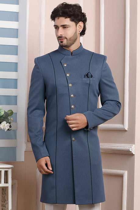 Buy Gray Imported Jaquard Silk Pattern Pc Indo-Western Sherwani Set Set Online - Karmaplace