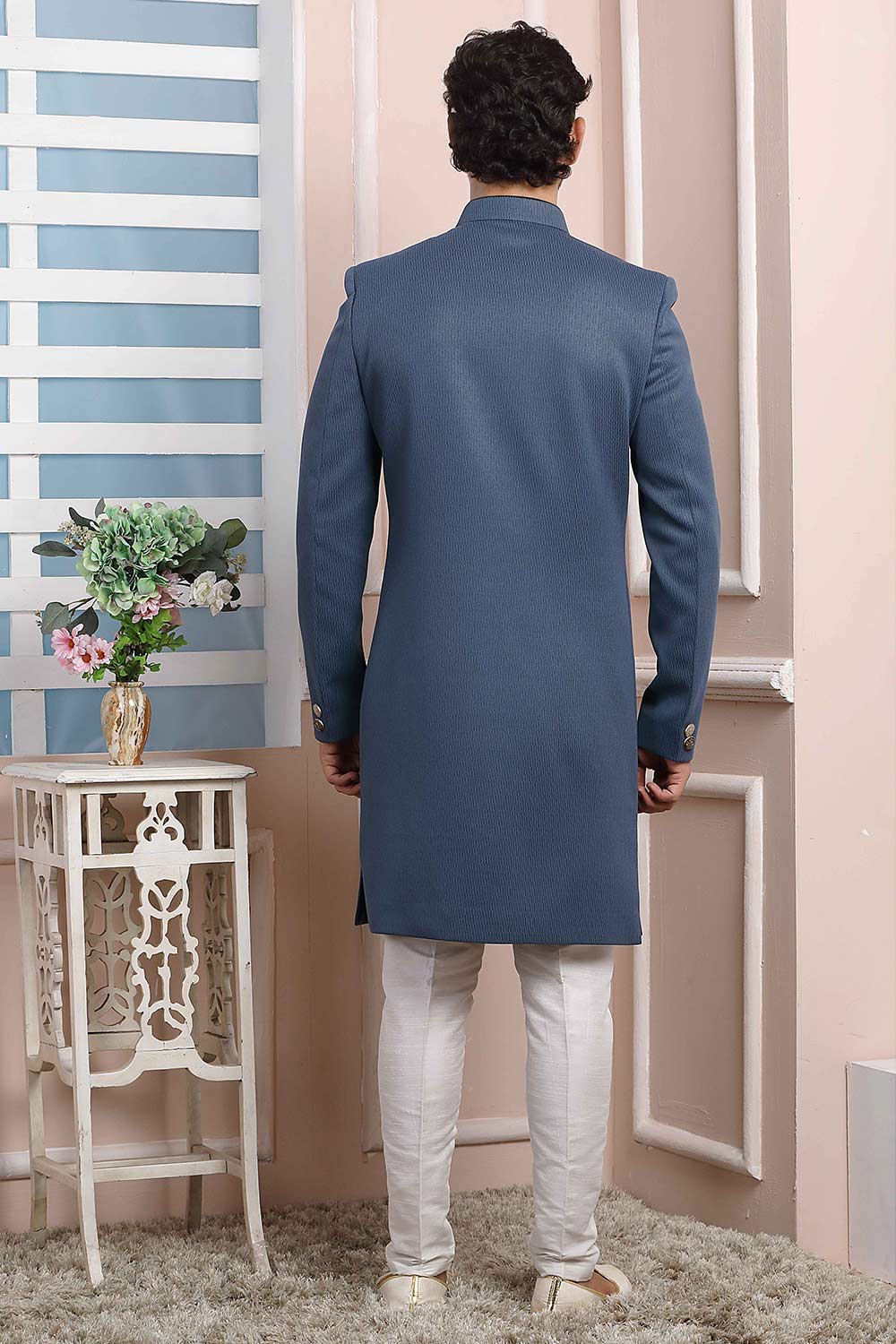 Buy Gray Imported Jaquard Silk Pattern Pc Indo-Western Sherwani Set Set Online - Karmaplace