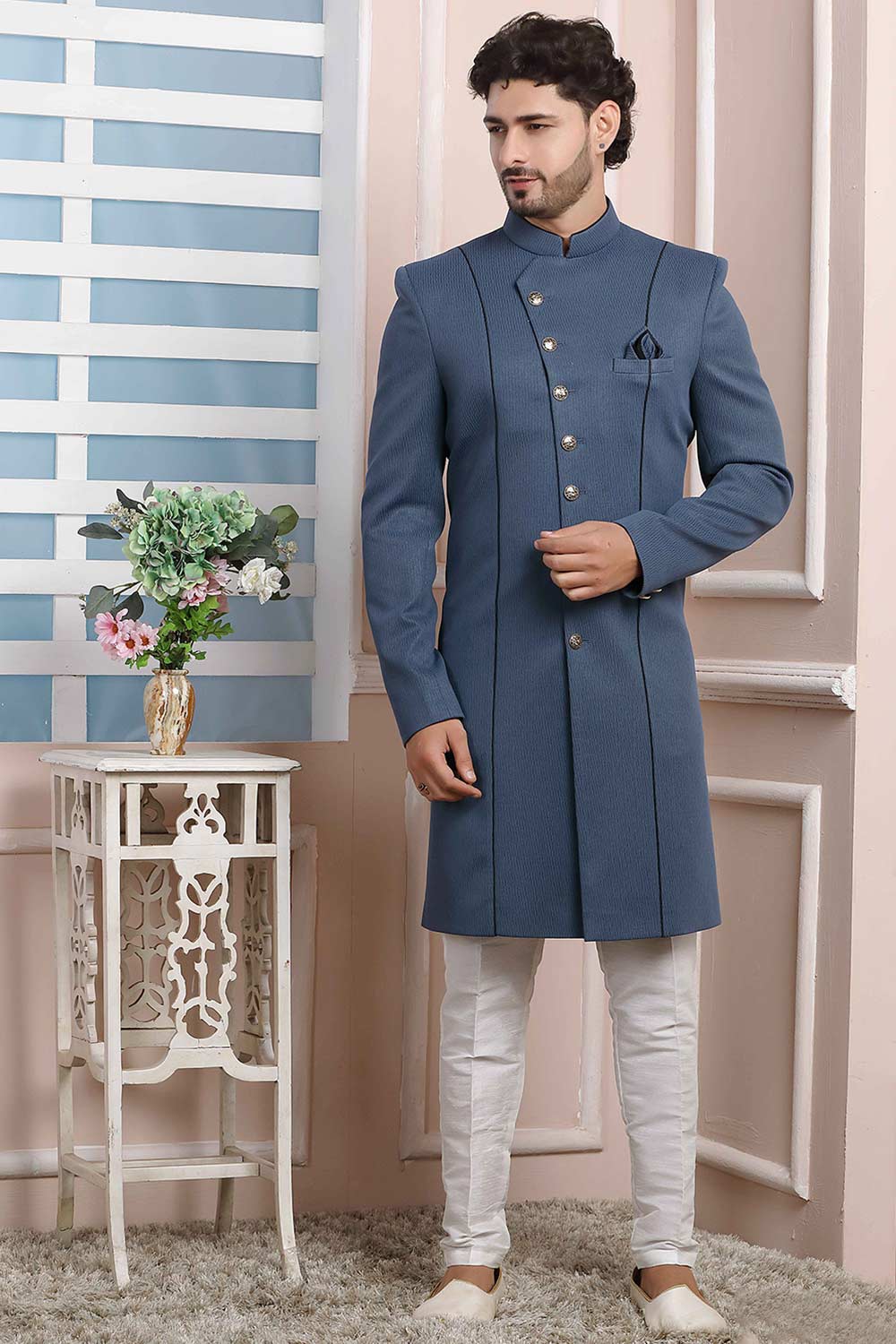 Buy Gray Imported Jaquard Silk Pattern Pc Indo-Western Sherwani Set Set Online - Karmaplace