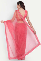 Pink Net Due Drop With Embroidered Saree