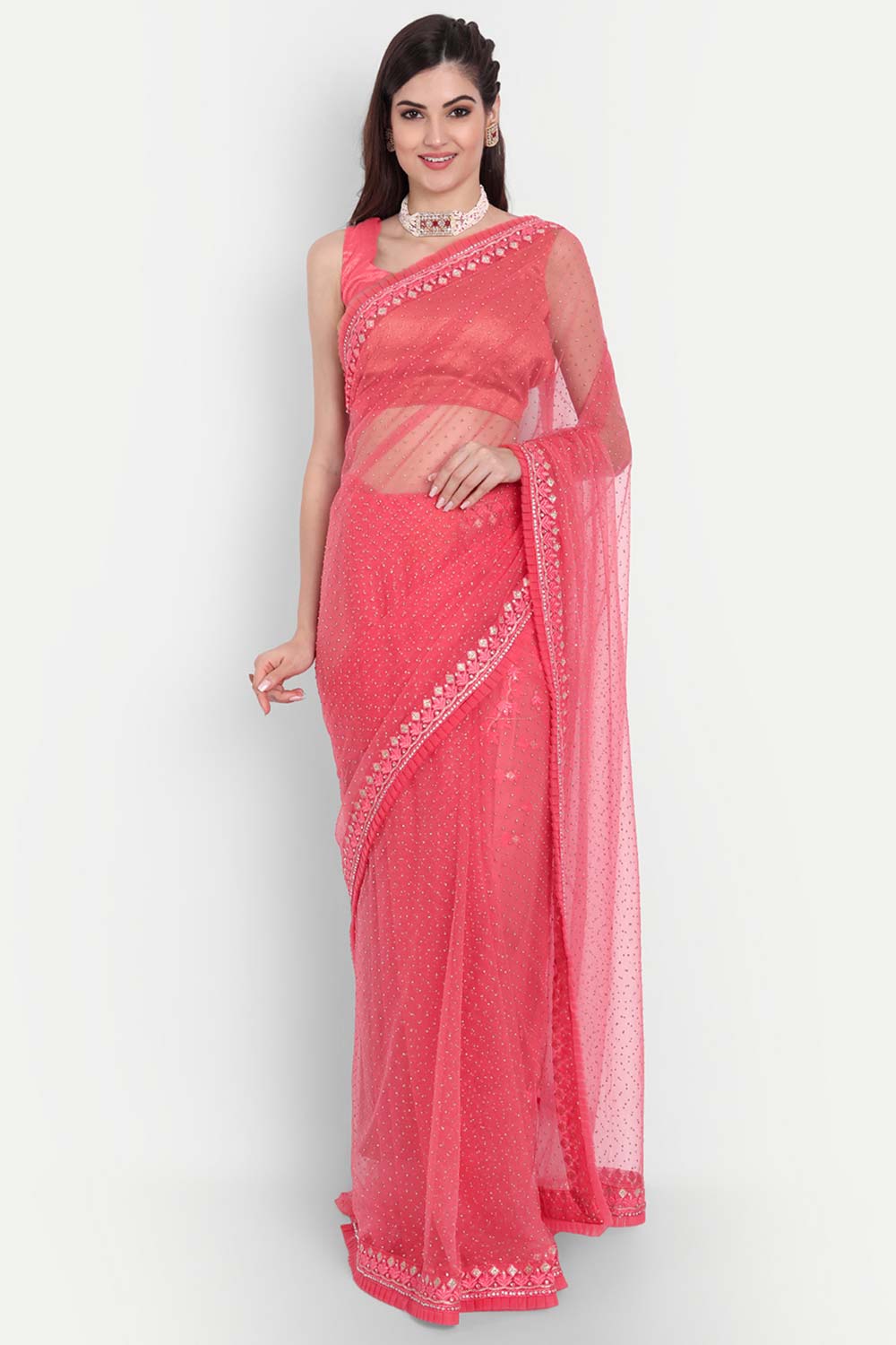 Pink Net Due Drop With Embroidered Saree