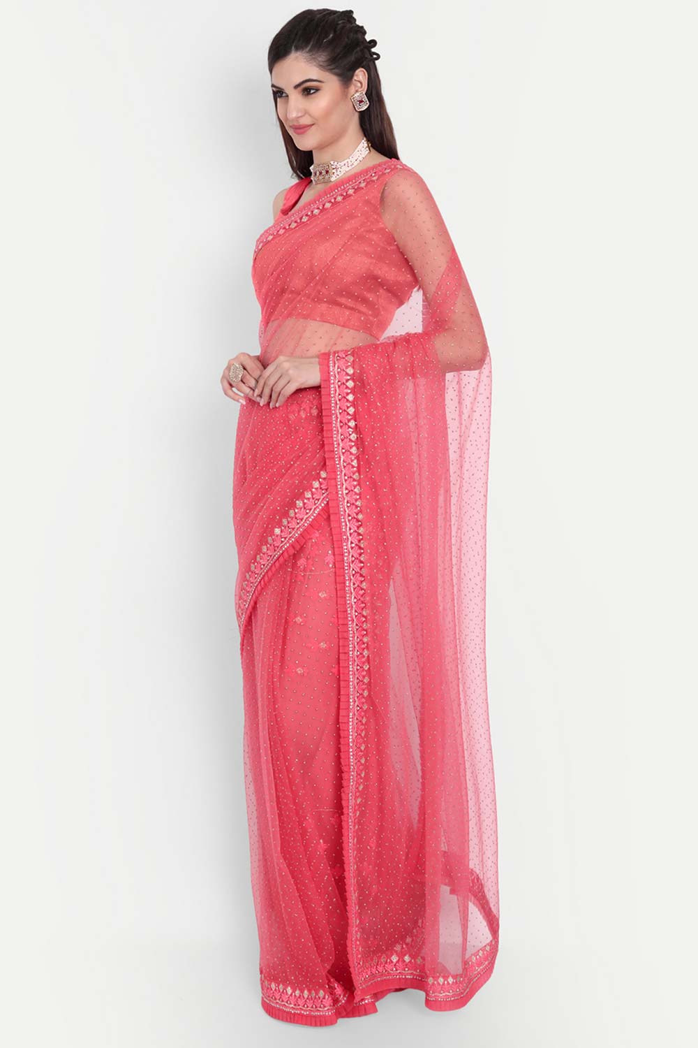 Pink Net Due Drop With Embroidered Saree