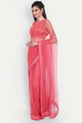 Pink Net Due Drop With Embroidered Saree