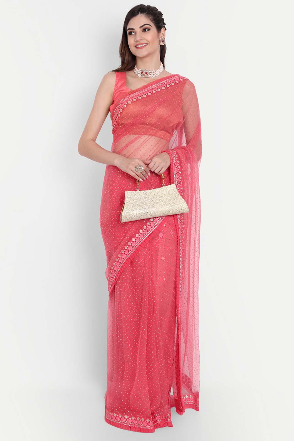 Pink Net Due Drop With Embroidered Saree