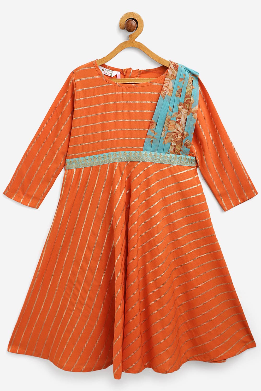 Girls Orange Crepe Gold Striped Printed Kids Dress Kurta With Attached Dupatta